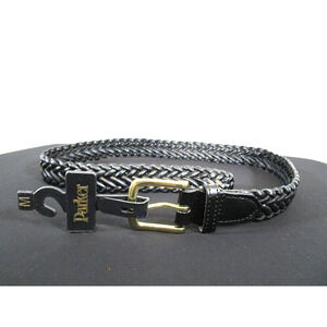 NWT Parker Black Leather Brass Buckle Braided Belt Women Sz M, 29"-33"